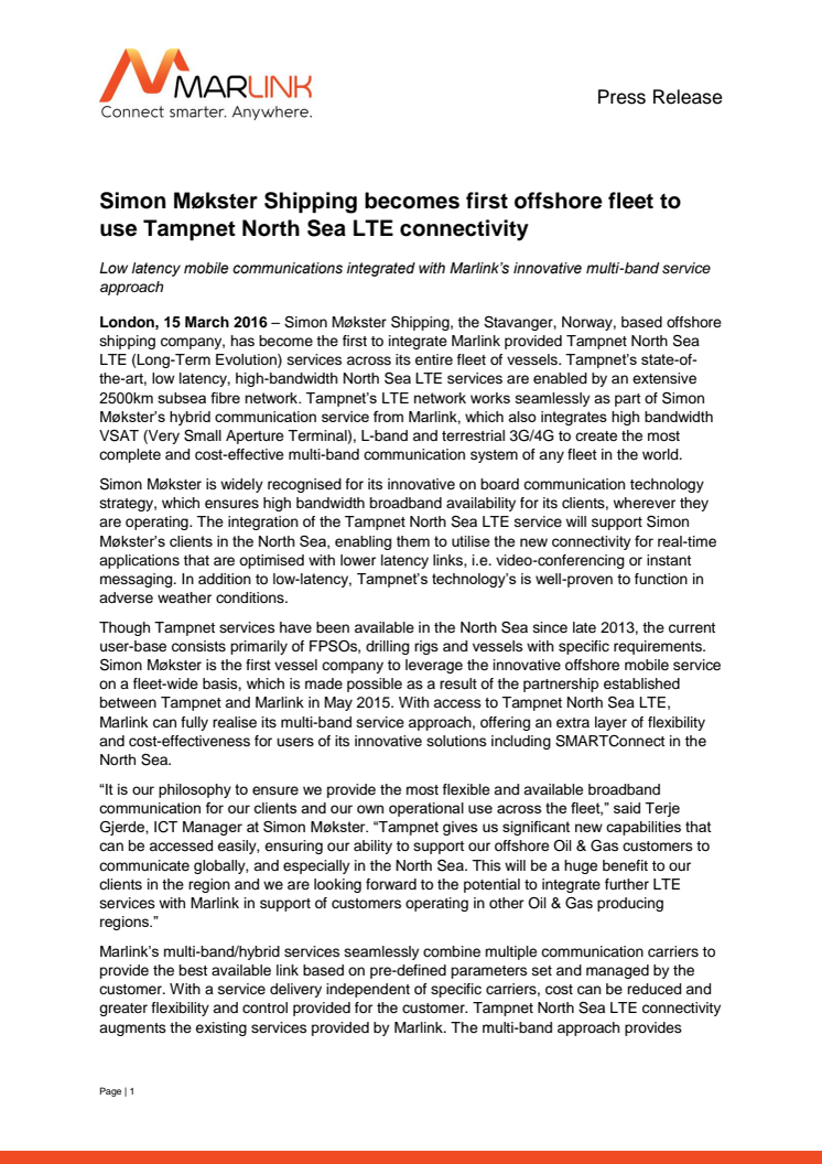 Marlink: Simon Møkster Shipping Becomes First Offshore Fleet to Use Tampnet North Sea LTE Connectivity