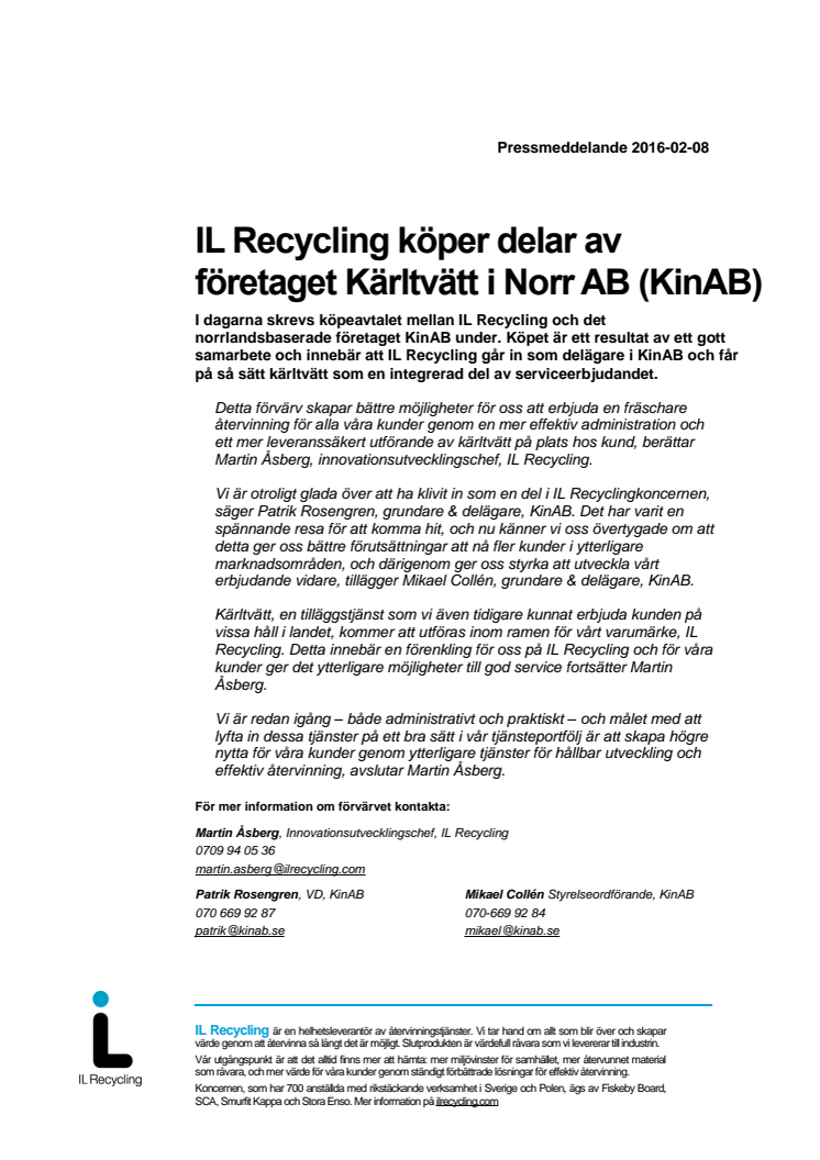 IL Recycling köper delar av företaget Kärltvätt i Norr AB (KinAB)