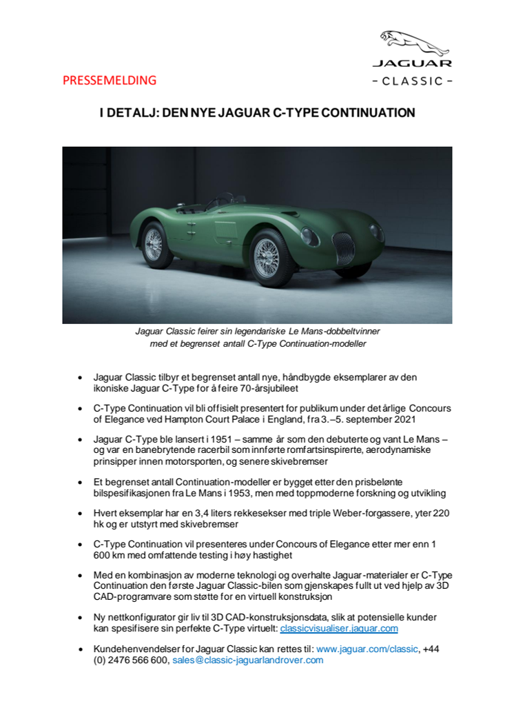 PRESSEMELDING Jaguar Classic bygger et begrenset antall nye C-Type Continuation-modeller