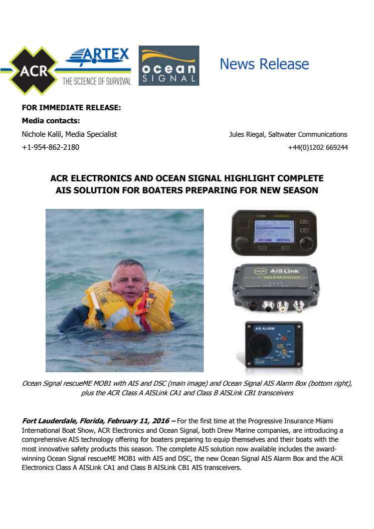 ACR Electronics Inc: Highlight Complete AIS Solution for Boaters Preparing for New Season  