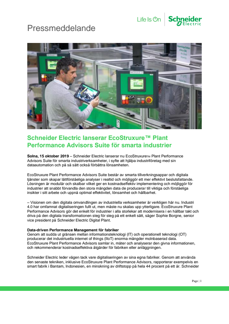 Schneider Electric lanserar EcoStruxure™ Plant Performance Advisors Suite för smarta industrier