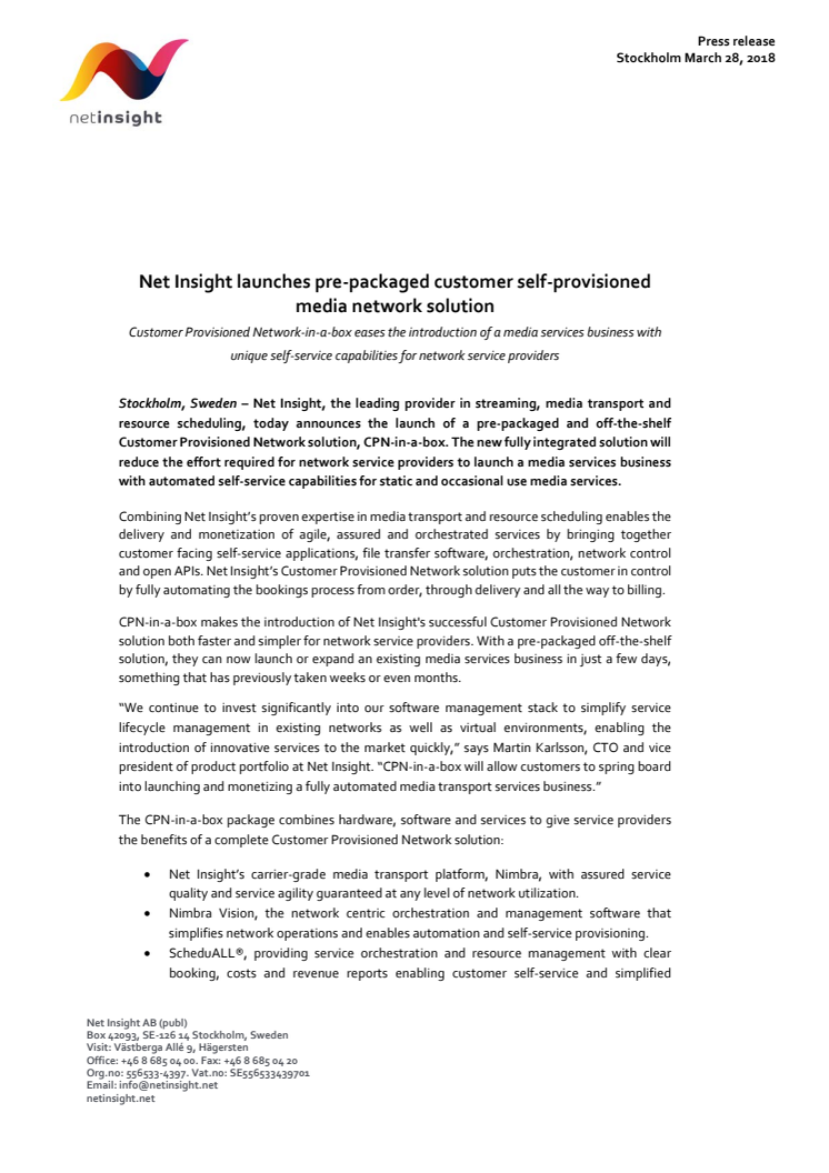 Net Insight launches pre-packaged customer self-provisioned media network solution