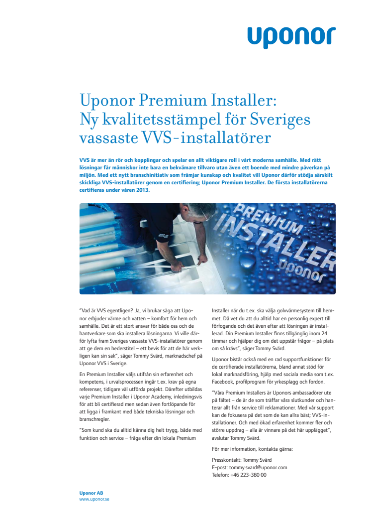 Uponor Premium Installer: Ny kvalitetsstämpel för Sveriges vassaste VVS-installatörer