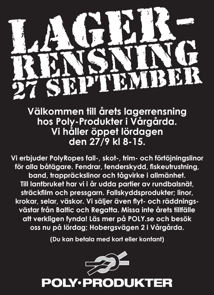 Annons Lagerrensning Poly-Produkter i Vårgårda 2014