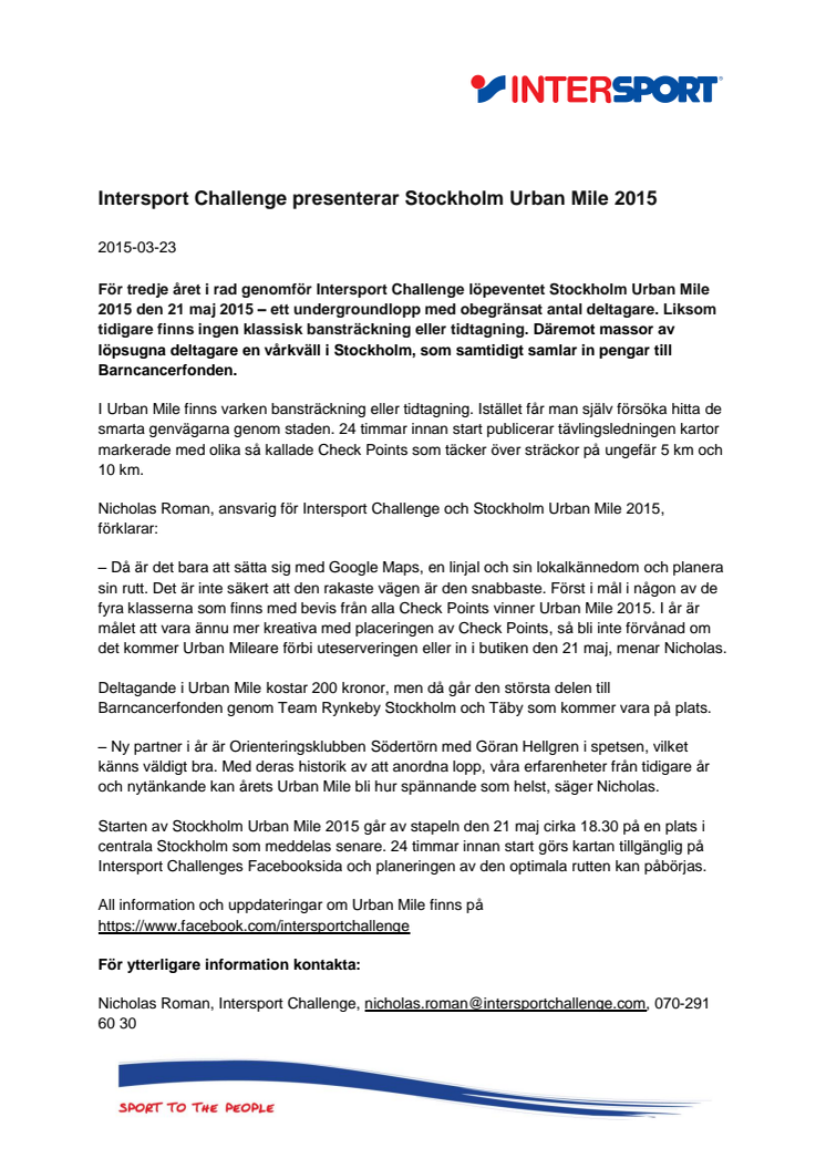 Intersport Challenge presenterar Stockholm Urban Mile 2015