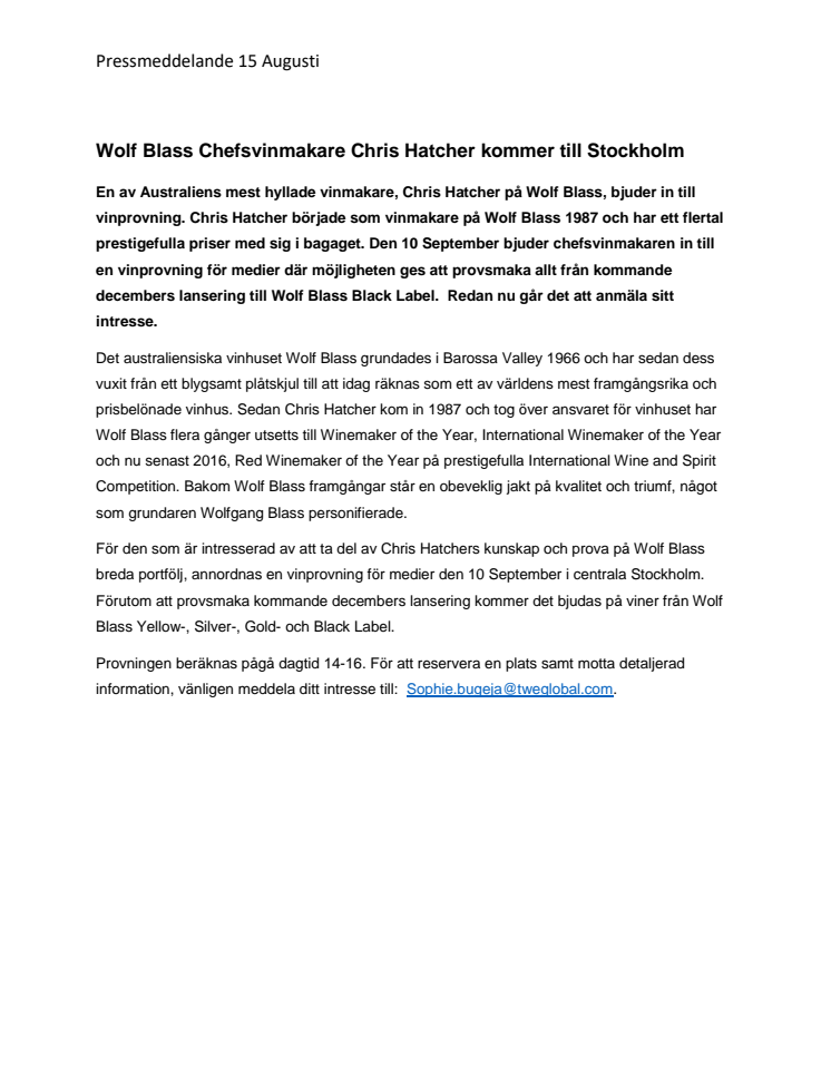 Wolf Blass Chefsvinmakare Chris Hatcher kommer till Stockholm