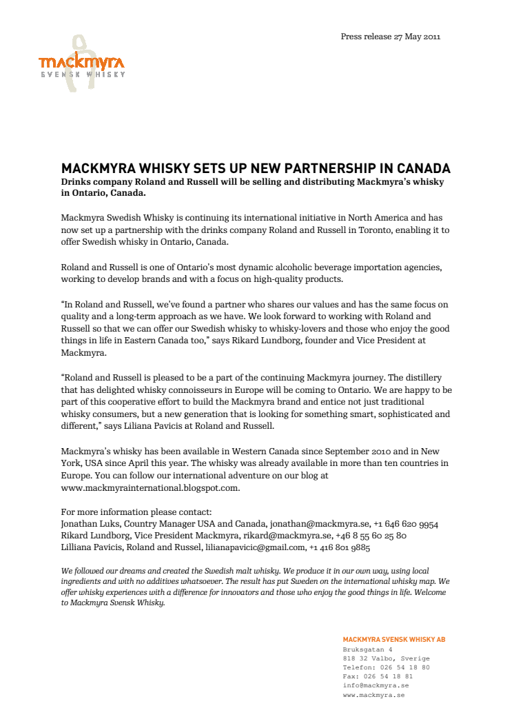 Mackmyra Whisky sets up new partnership in Canada