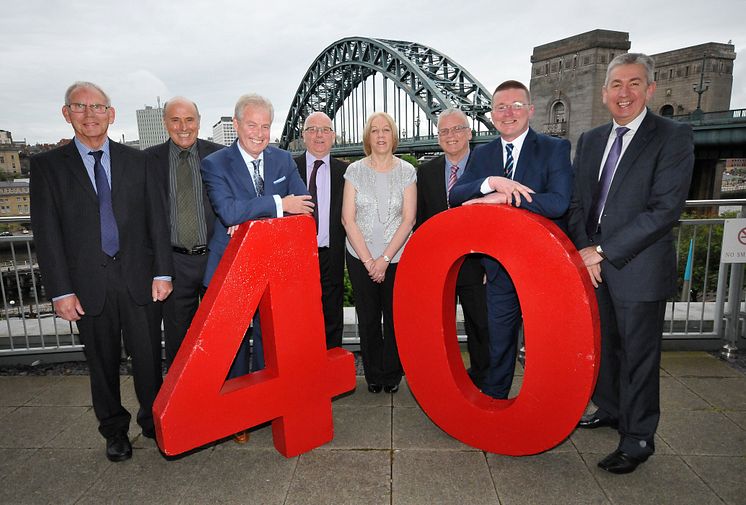 L-r 40 year long service team members Terry Watson, Terry Tuke, MD Kevin Carr, Graham Hardy, Irene Moralee, Peter Brocklehurst, Steve Symes, Rob Watson