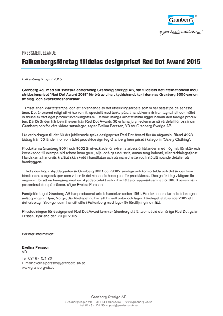 Granberg tilldelas designpriset Red Dot Award 2015