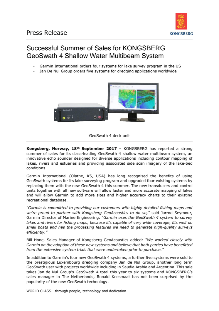 Kongsberg Maritime: Successful Summer of Sales for KONGSBERG GeoSwath 4 Shallow Water Multibeam System