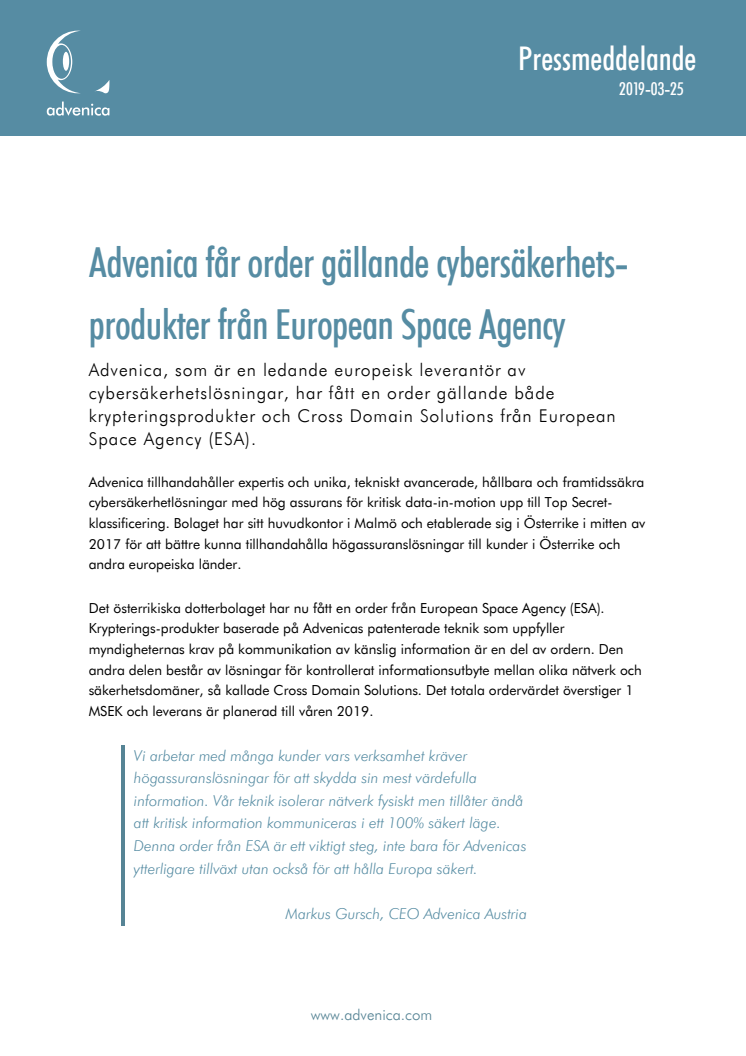 Advenica får order gällande cybersäkerhetsprodukter från European Space Agency