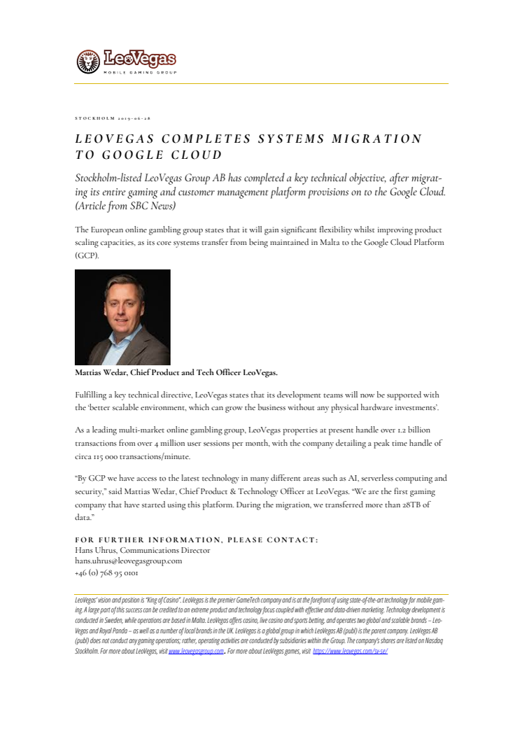 LeoVegas completes systems migration to Google Cloud