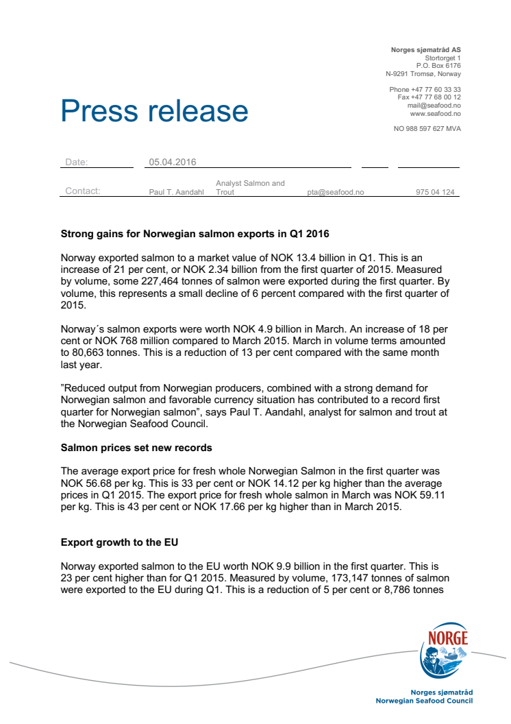 Strong gains for Norwegian salmon exports in Q1 2016