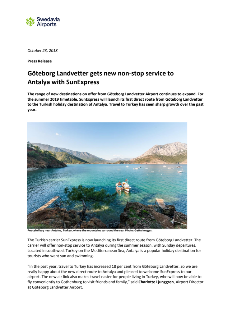 Göteborg Landvetter gets new non-stop service to Antalya with SunExpress