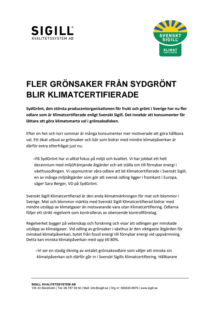 FLER GRÖNSAKER FRÅN SYDGRÖNT BLIR KLIMATCERTIFIERADE