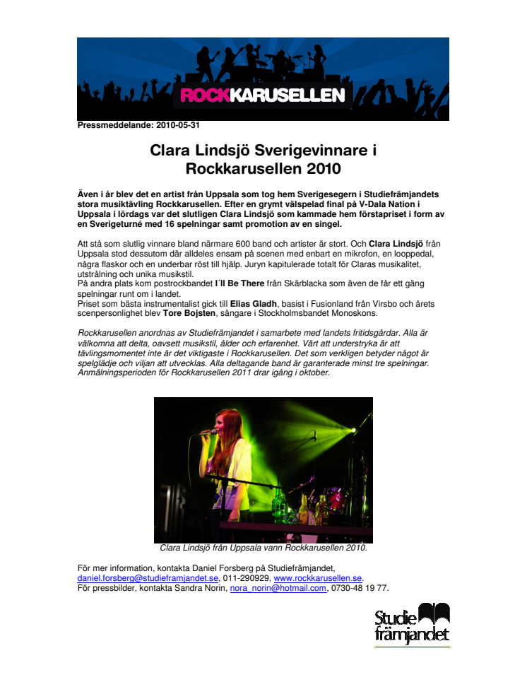 Clara Lindsjö från Uppsala vann Rockkarusellen 2010