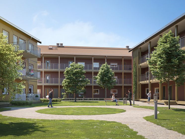 Illustration av lägenheterna i BoKlok Svärdet i Hemlingby, med grönskande innergård. 