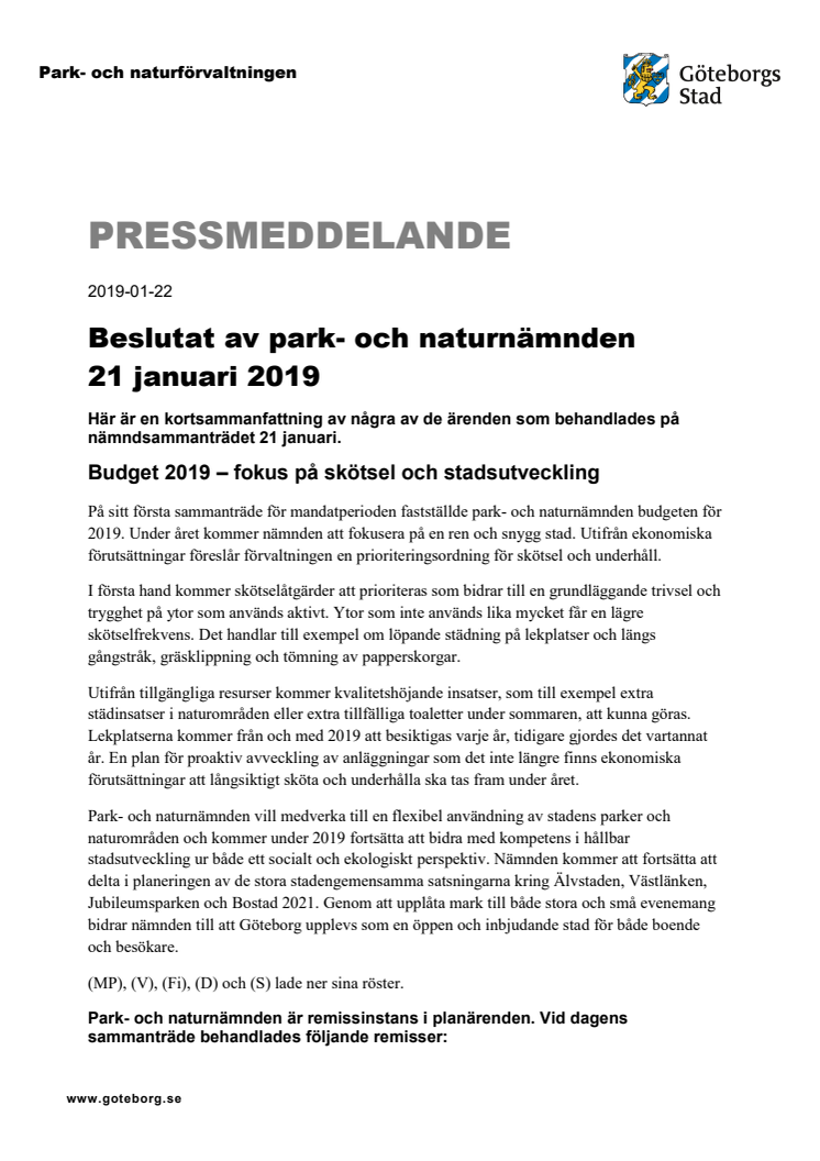 Beslutat av park- och naturnämnden  21 oktober 2019