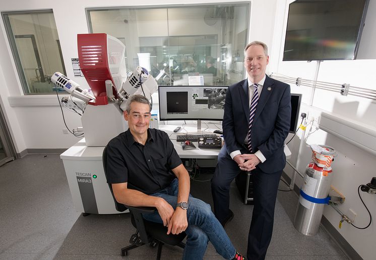 Professor Guillaume Zoppi and Professor John Woodward are pictured in the Materials Characterisation Suite at Northumbria University