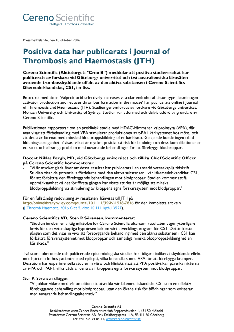 Cereno meddelar att positiva data har publicerats i Journal of Thrombosis and Haemostasis (JTH)