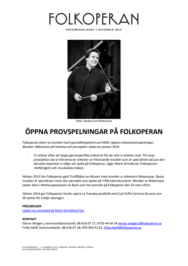 ÖPPNA PROVSPELNINGAR PÅ FOLKOPERAN