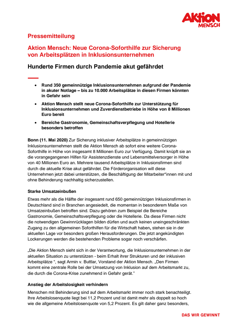 Aktion Mensch: Neue Corona-Soforthilfe zur Sicherung von Arbeitsplätzen in Inklusionsunternehmen