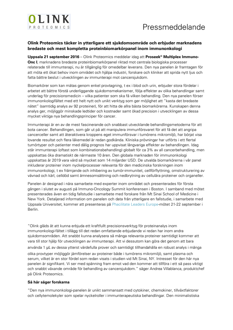 Olink Proteomics täcker in ytterligare ett sjukdomsområde och erbjuder marknadens bredaste och mest kompletta proteinbiomarkörpanel inom immunonkologi