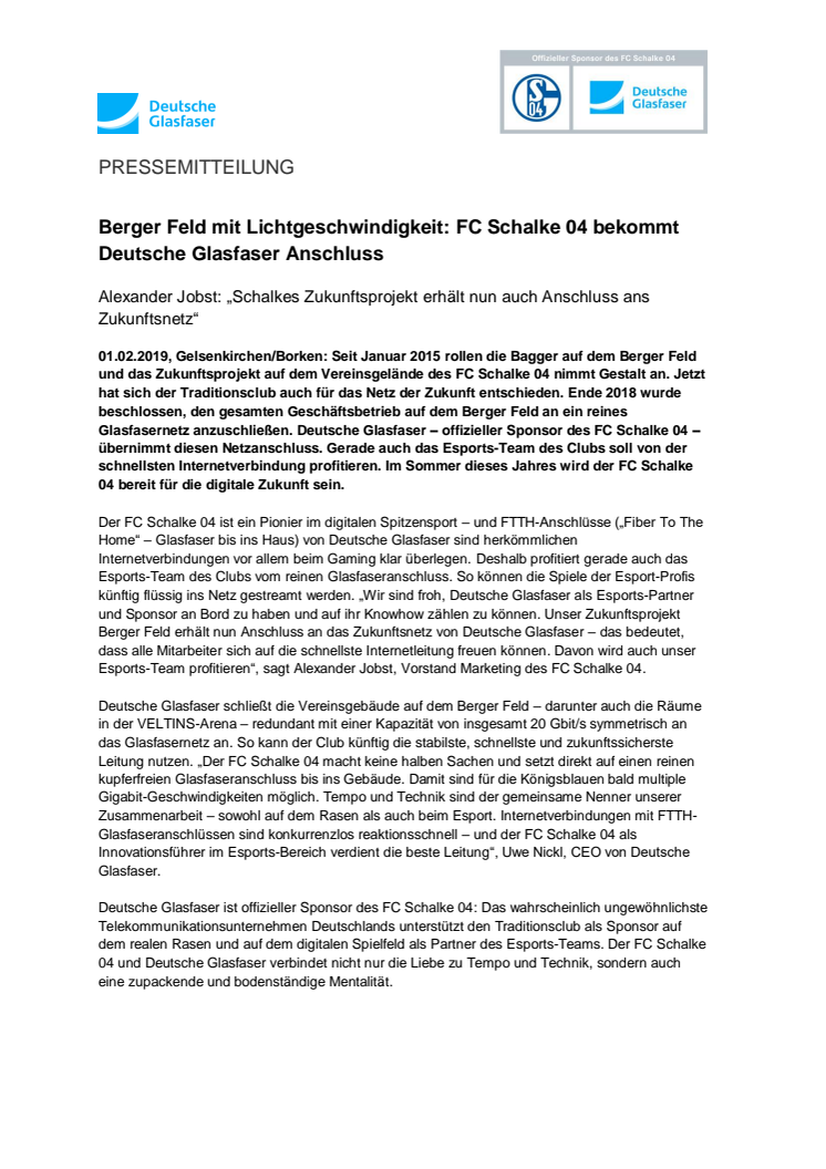 Berger Feld mit Lichtgeschwindigkeit: FC Schalke 04 bekommt Deutsche Glasfaser Anschluss