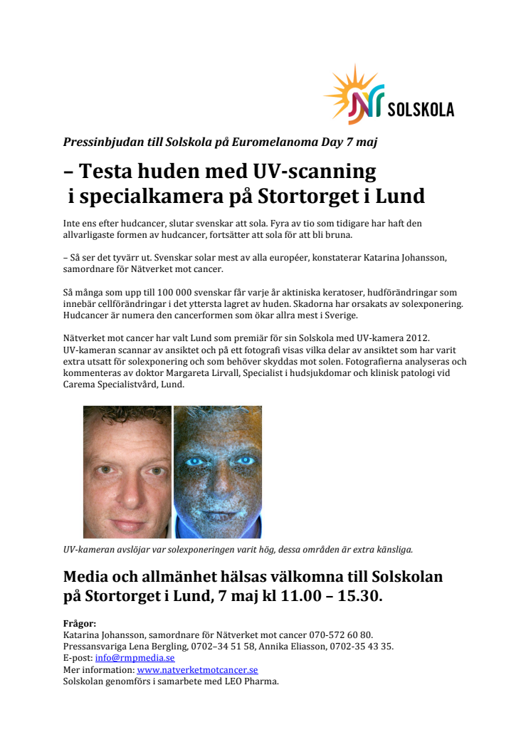 Pressinbjudan till Solskola på Euromelanoma Day 7 maj – Testa huden med UV-scanning  i specialkamera på Stortorget i Lund 