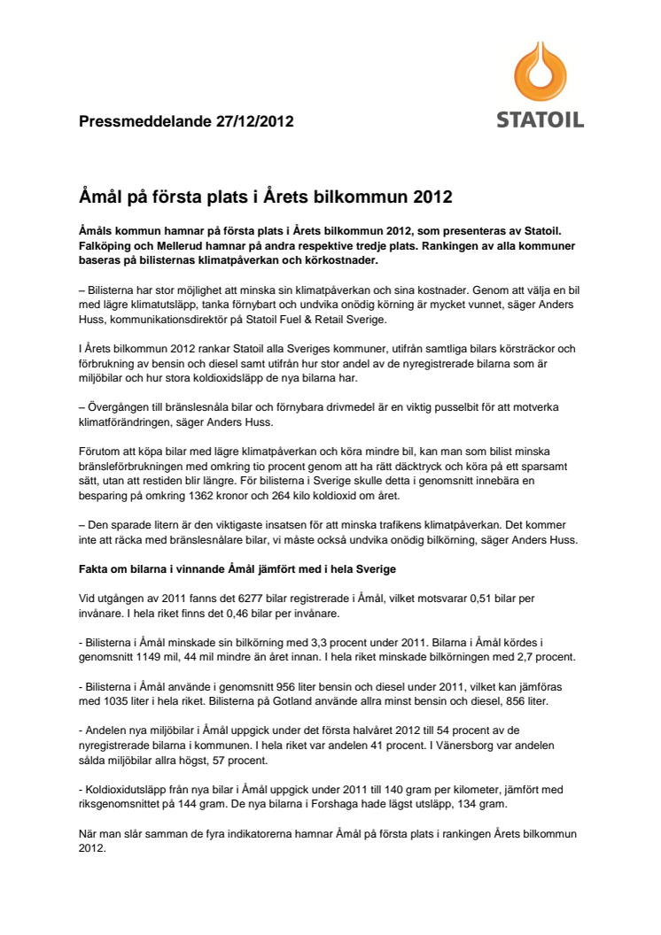 Åmål på första plats i Årets bilkommun 2012 