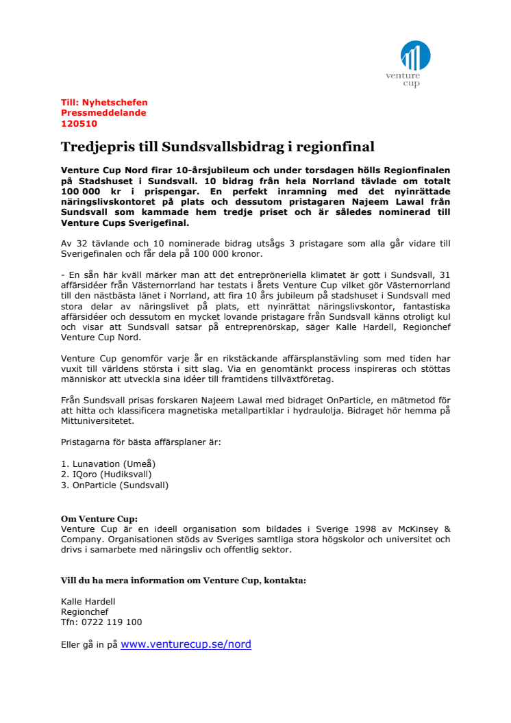 Tredjepris till Sundsvallsbidrag i regionfinal
