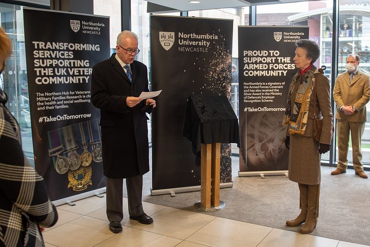 HRH Veteran Hub visit - Professor Andrew Wathey CBE, Vice-Chancellor and Chief Executive of Northumbria University says a few words of thanks and invites HRH The Princess Royal to unveil a plaque commemorating the visit.