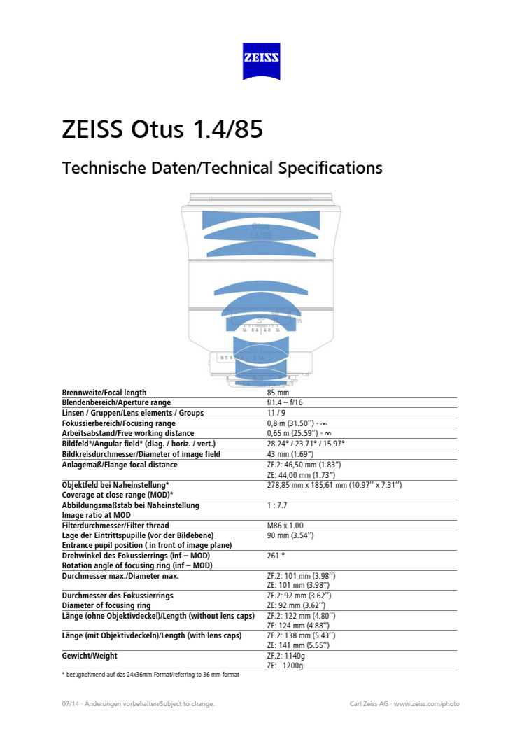 Zeiss Otus 85mm F/1.4 - Tekniset tiedot