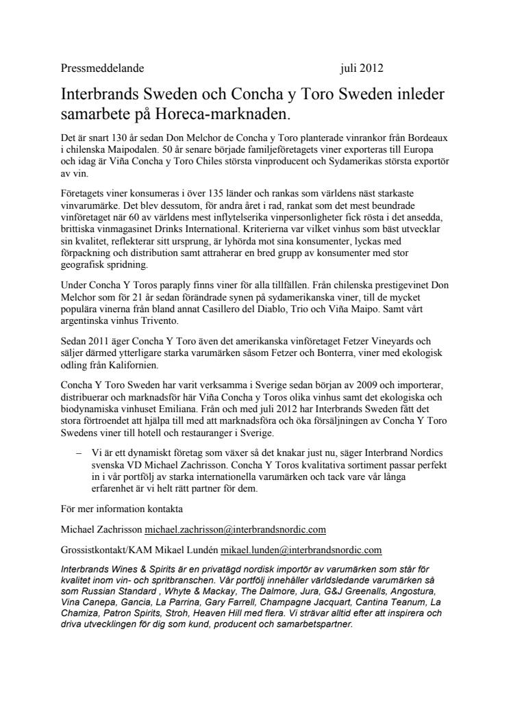 Interbrands Sweden och Concha y Toro Sweden inleder samarbete på Horeca-marknaden.