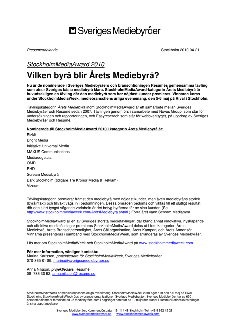 StockholmMediaAward 2010: Vilken byrå blir Årets Mediebyrå? 
