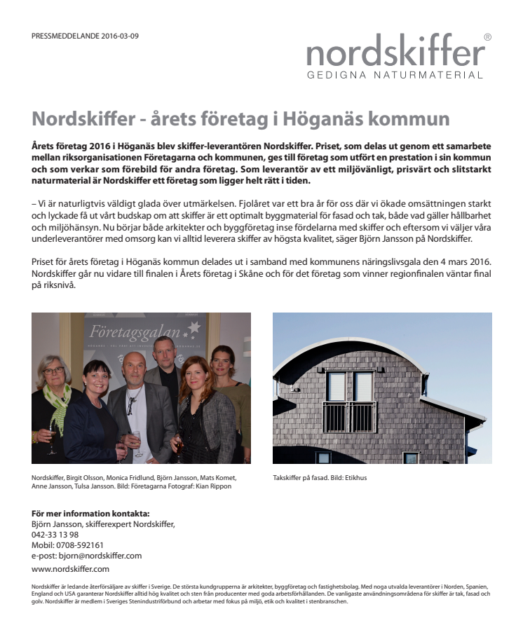 Nordskiffer - årets företag i Höganäs kommun