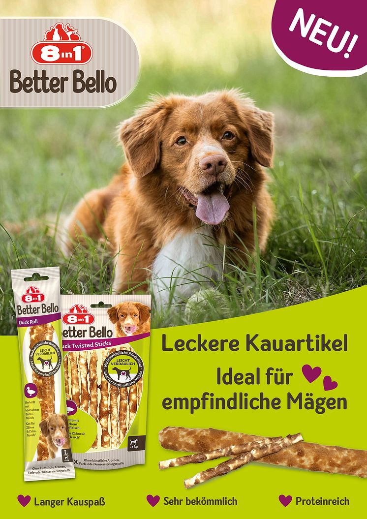 Die neuen Kauartikel von 8in1 Better Bello in der Geschmacksrichtung Ente (Duck) 