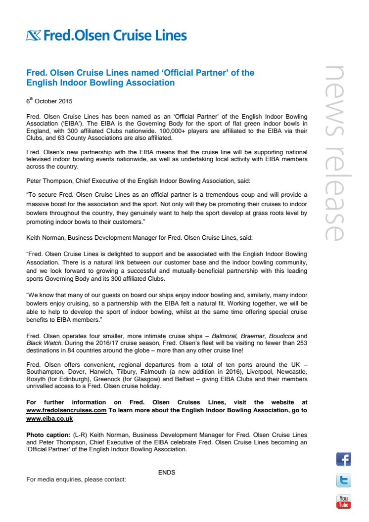 Fred. Olsen Cruise Lines named ‘Official Partner’ of the English Indoor Bowling Association