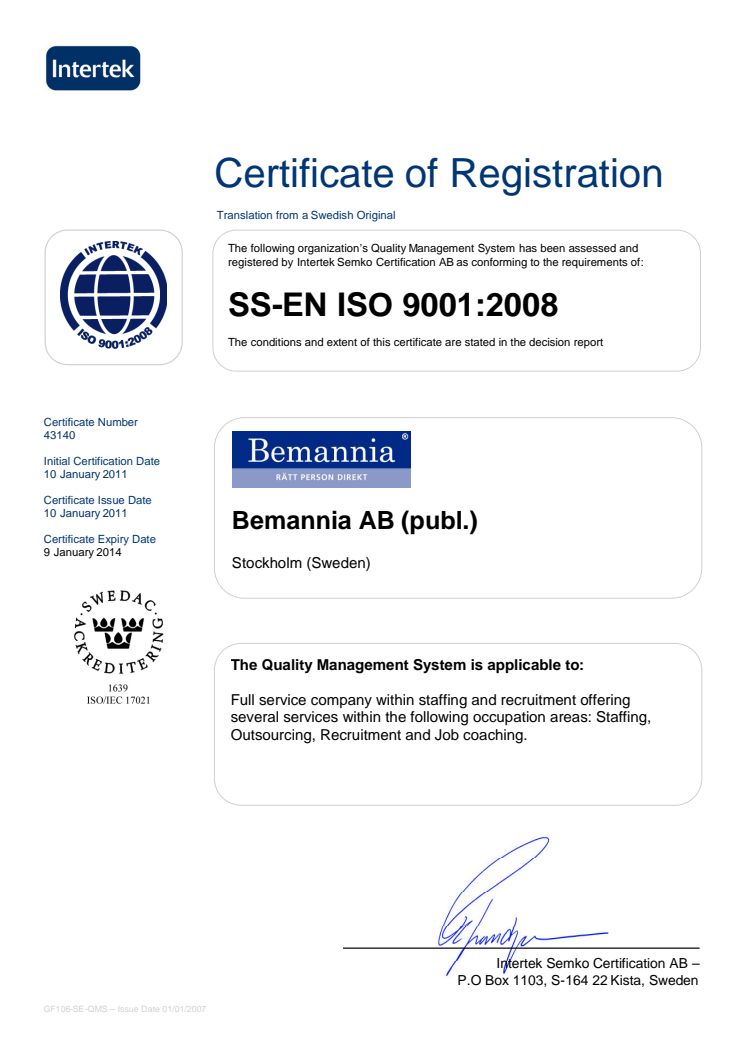 Certificate of Registration ISO 9001:2008 Bemannia AB