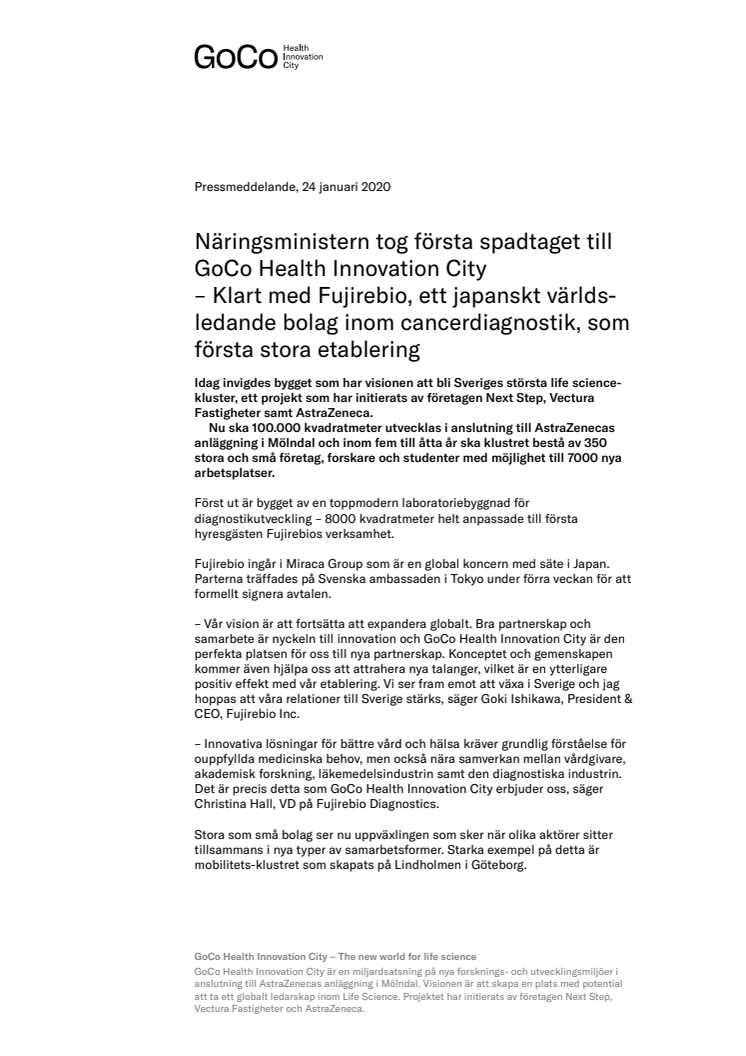 Näringsministern tog första spadtaget till GoCo Health Innovation City – Klart med Fujirebio, ett japanskt världsledande bolag inom cancerdiagnostik, som första stora etablering