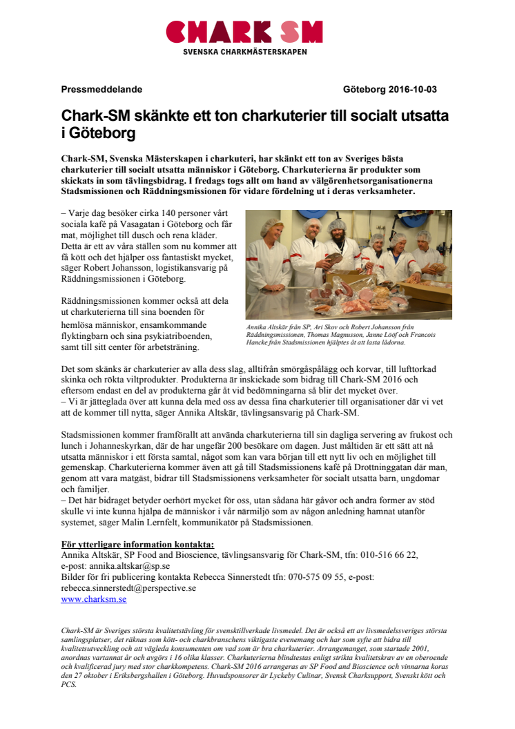 Chark-SM skänkte ett ton charkuterier till socialt utsatta i Göteborg