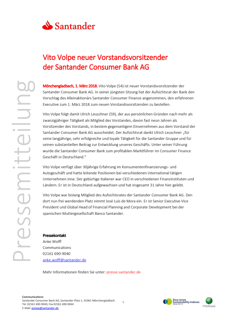 Vito Volpe neuer Vorstandsvorsitzender  der Santander Consumer Bank AG