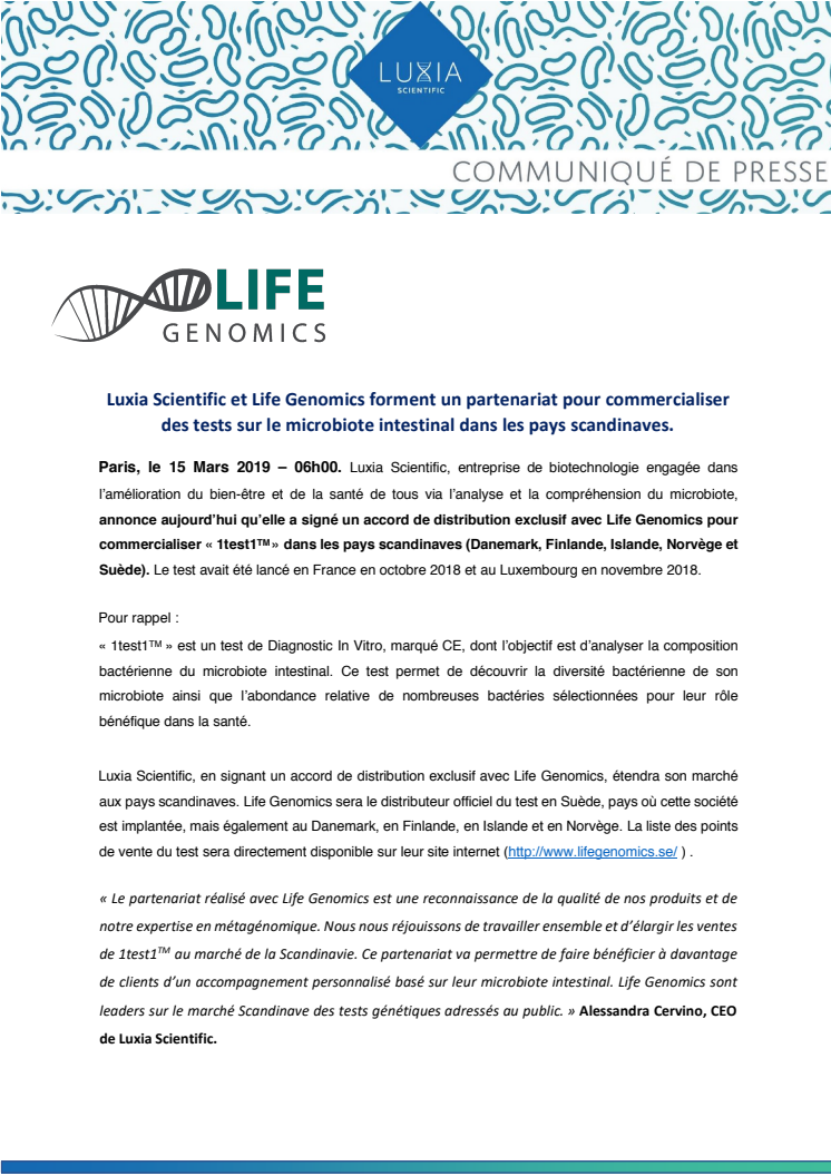 Luxia Scientific et Life Genomics forment un partenariat pour commercialiser des tests sur le microbiote intestinal dans les pays scandinaves.