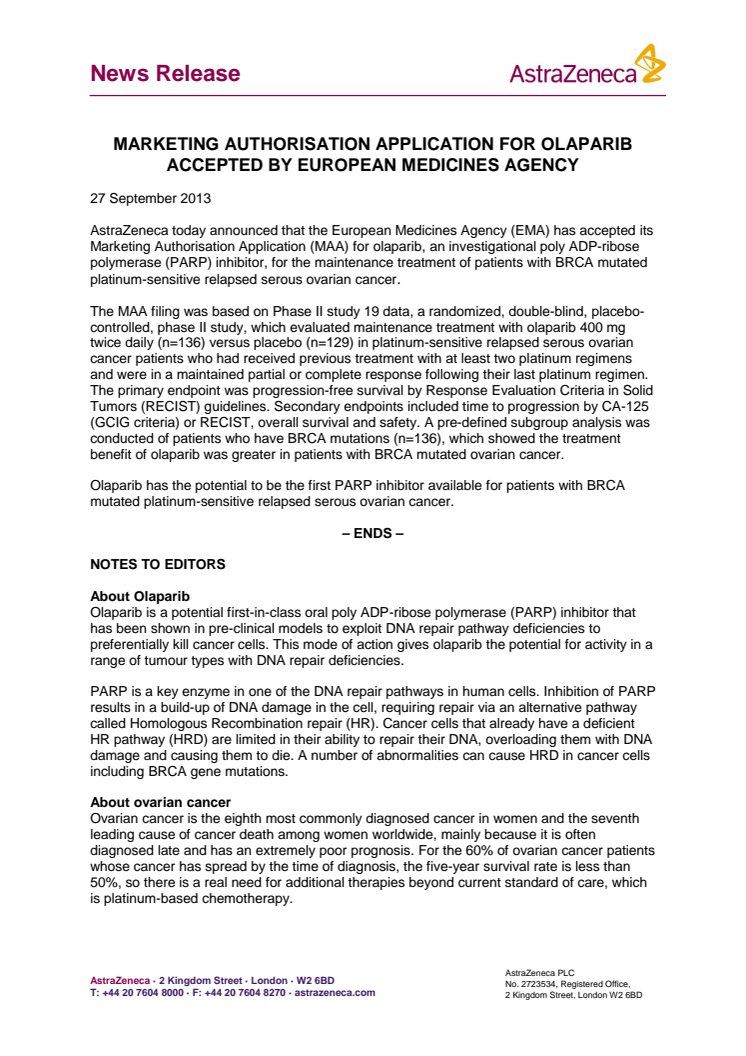Europeiska läkemedelsmyndigheten accepterar ansökan för marknadsföring av olaparib