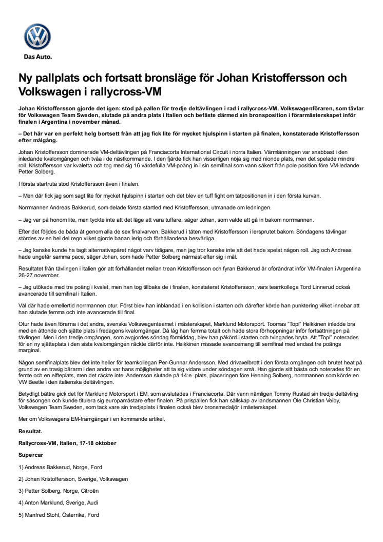 Ny pallplats och fortsatt bronsläge för Johan Kristoffersson och Volkswagen i rallycross-VM