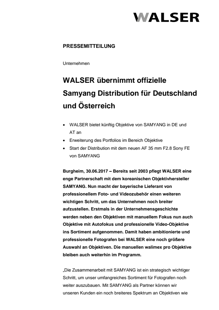 WALSER übernimmt offizielle Samyang Distribution für Deutschland und Österreich