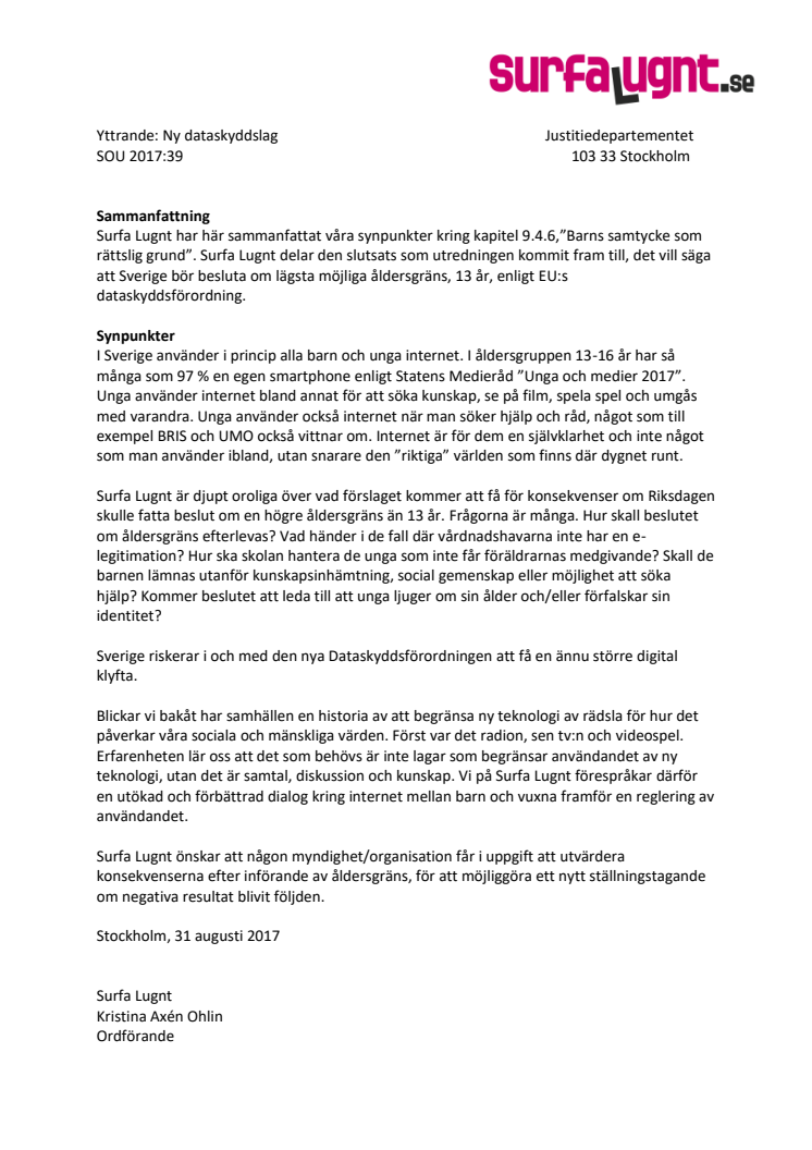 Surfa Lugnts remissvar om åldersgräns i nya dataskyddsförordningen