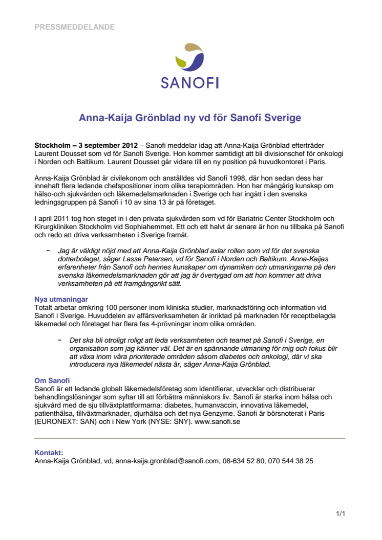 Anna-Kaija Grönblad ny vd för Sanofi Sverige