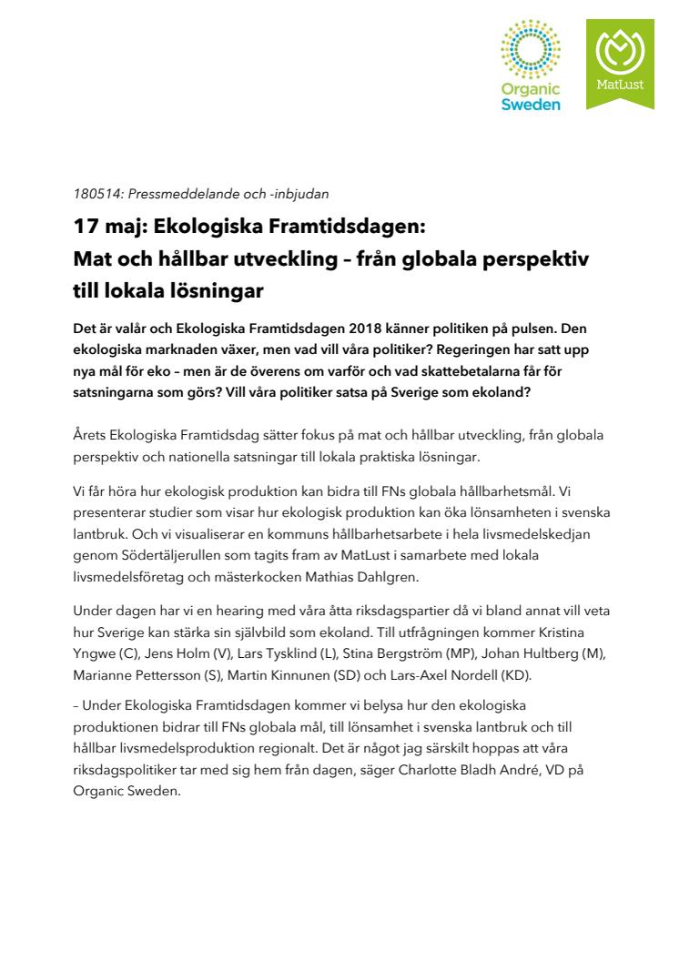 17 maj: Ekologiska Framtidsdagen "Mat och hållbar utveckling – från globala perspektiv till lokala lösningar" 