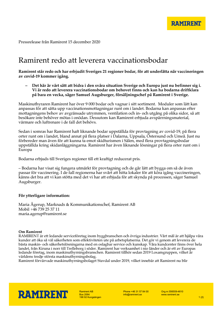 Ramirent redo att leverera vaccinationsbodar